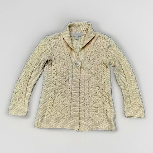 Womens Inis Crafts Ireland Ivory Merino Wool Shawl Collar Cardigan Sweater Med - Picture 1 of 4